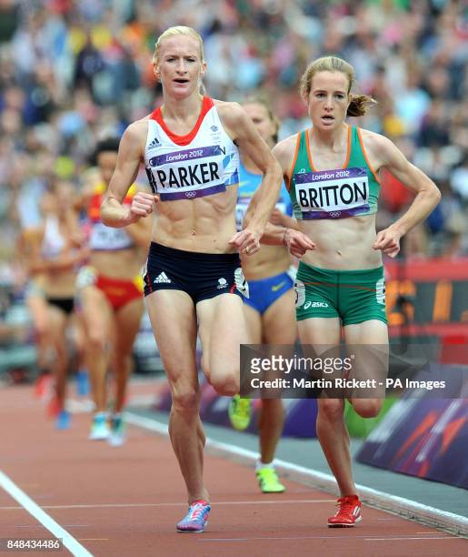 Great Britain's Barbara Parker and Irelands Fionnuala Britton in action during the Women's 5000m Round One, at the Olympic Stadium, London, during...