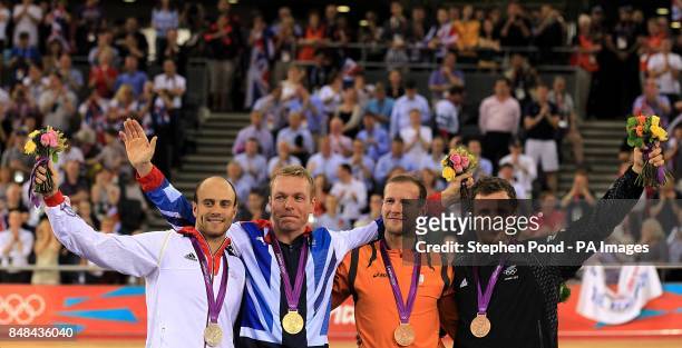 Silver Medalist Germany's Maximillian Levy, Gold Medalist Great Britain's Chris Hoy and Bronze Medalists Netherlands' Teun Mulder and New Zealand's...