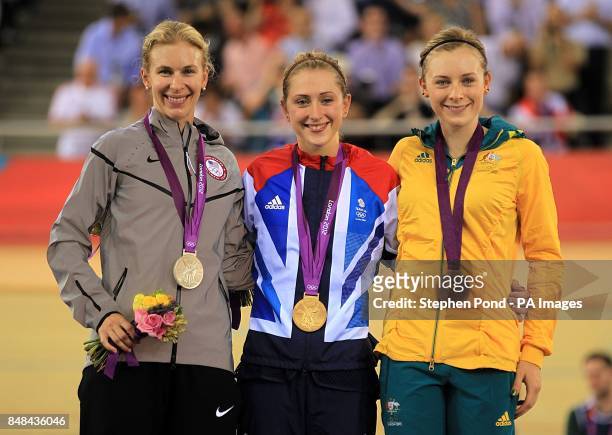 Silver Medalist USA's Sarah Hammer, Gold Medalist Great Britain's Laura Trott and Bronze Medalist Australia's Annette Edmondson after the Women's...