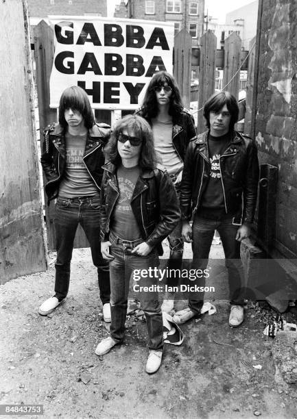 Photo of Johnny RAMONE and Dee Dee RAMONE and Tommy RAMONE and RAMONES; L-R. Johnny Ramone, Tommy Ramone , Joey Ramone , Dee Dee Ramone