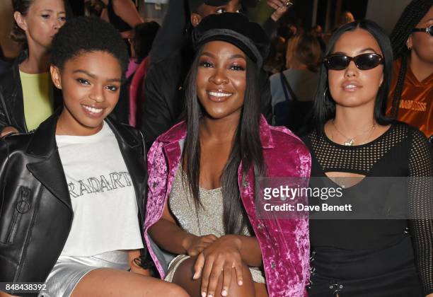 Selah Marley, Ray BLK and Mabel McVey attend Topshop's London Fashion Week show on September 17, 2017 in London, England.