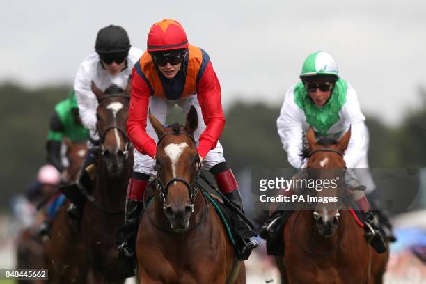 Annie's Fortune ridden by Michael J. M. Murphy comes home to win The E.B.F. British Stallion Studs New Ham Maiden Fillies' stakes during Ladies Day...