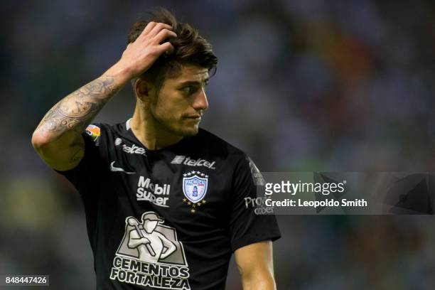 Angelo Sagal of Pachuca reacts during the 9th round match between Leon and Pachuca as part of the Torneo Apertura 2017 Liga MX at Leon Stadium on...