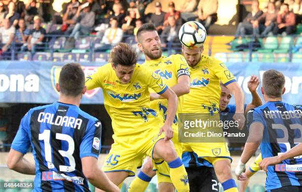 Roberto Inglese , Bostjan Cesar and Nenad Tomovic of AC Chievo Verona competes during the Serie A match between AC Chievo Verona and Atalanta BC at...