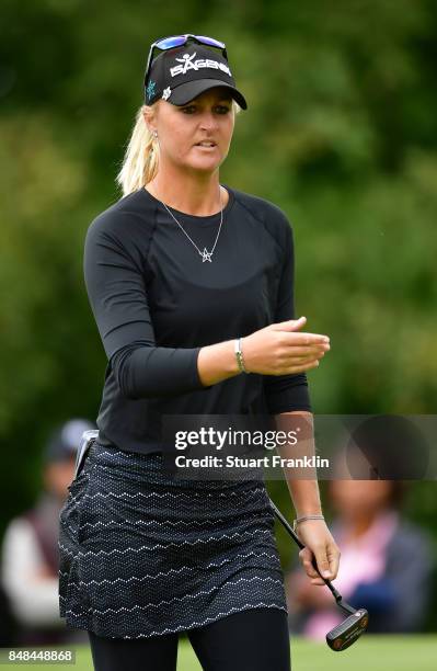 Anna Nordqvist of Sweden gestures to her putt during the final round of The Evian Championship at Evian Resort Golf Club on September 17, 2017 in...