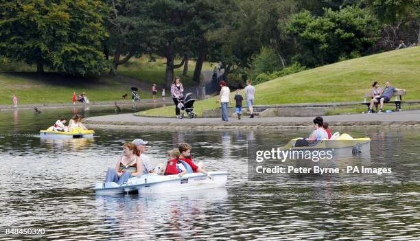 Pedalo boats on the Sefton Park Lake In Liverpool. It is the first time boats have been allowed on the Lake since 1970s.