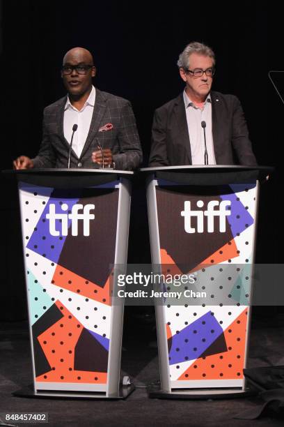 Artistic Director Cameron Bailey and TIFF Director & CEO Pier Handling speak on stage the 2017 TIFF Awards Ceremony at TIFF Bell Lightbox on...