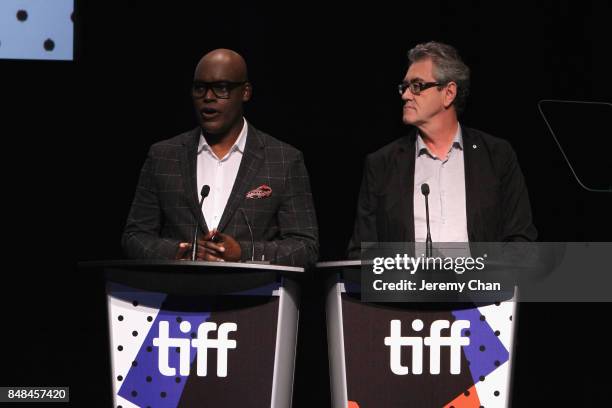 Artistic Director Cameron Bailey and TIFF Director & CEO Pier Handling speak on stage the 2017 TIFF Awards Ceremony at TIFF Bell Lightbox on...