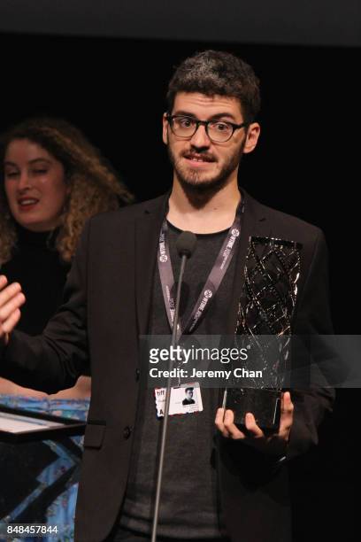 Director Marc-Antoine Lemire speaks on stage after being awarded with The IWC Short Cuts Award for Best Canadian Short for 'Pre-Drink' at the 2017...