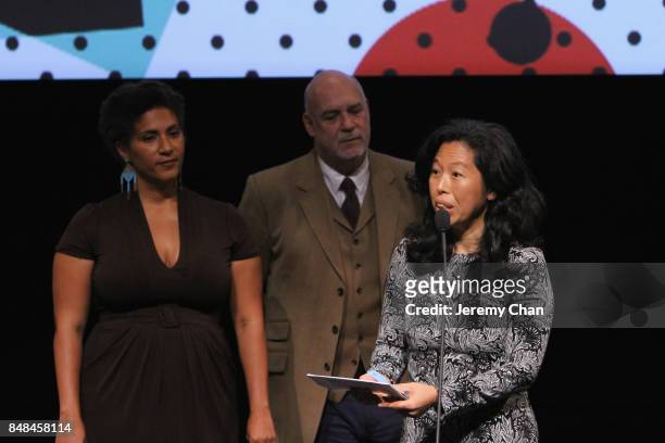 Canadian Jury member Min Sook Lee presents director Wayne Wapeemukwa with The City of Toronto Award for Best Canadian First Feature Film for...