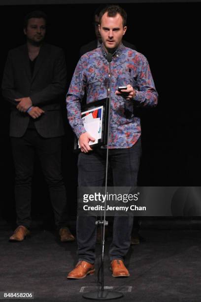 Director Wayne Wapeemukwa speaks on stage after being awarded The City of Toronto Award for Best Canadian First Feature Film for 'Luk'Luk'I' at the...