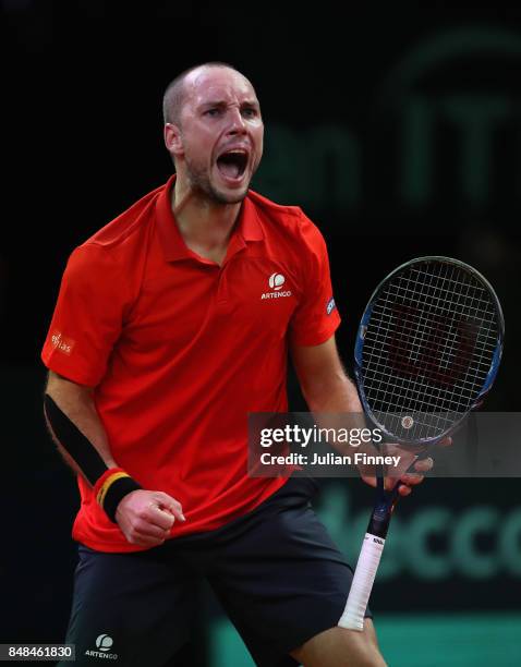 Steve Darcis of Belgium celebrates ater winning the second set against Jordan Thompson of Australia during day three of the Davis Cup World Group...