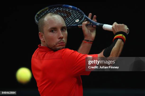 Steve Darcis of Belgium in action against Jordan Thompson of Australia during day three of the Davis Cup World Group semi final match between Belgium...