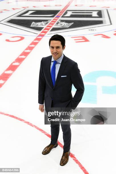 Los Angeles Kings TV Play-by-Play Announcer Alex Faust poses for a portrait before a game between the Los Angeles Kings and the Vancouver Canucks at...