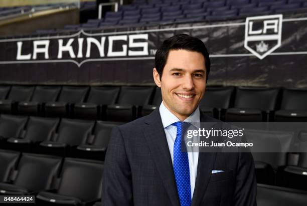 Los Angeles Kings TV Play-by-Play Announcer Alex Faust poses for a portrait before a game between the Los Angeles Kings and the Vancouver Canucks at...