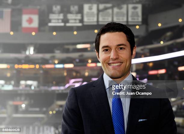 Los Angeles Kings TV Play-by-Play Announcer Alex Faust poses for a portrait before a game between the Los Angeles Kings and the Vancouver Canucks at...