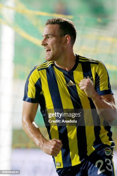 Vincent Janssen of Fenerbahce celebrates his score during a Turkish Super Lig's 5th week match between Aytemiz Alanyaspor and Fenerbahce at the...