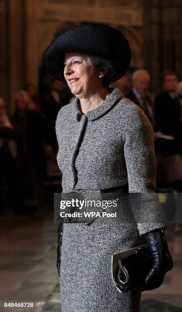 Prime Minister Theresa May attends a service marking the 77th anniversary of the Battle of Britain at Westminster Abbey on September 17, 2017 in...