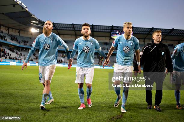 Malmo FF with Jo Inge Berget, Erdal Rakip, Rasmus Bengtssonand Anders Christiansen after the Allsvenskan match between Malmo FF and Hammarby IF at...