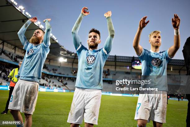 Malmo FF with Jo Inge Berget, Erdal Rakip, Rasmus Bengtsson after the Allsvenskan match between Malmo FF and Hammarby IF at Swedbank Stadion on...