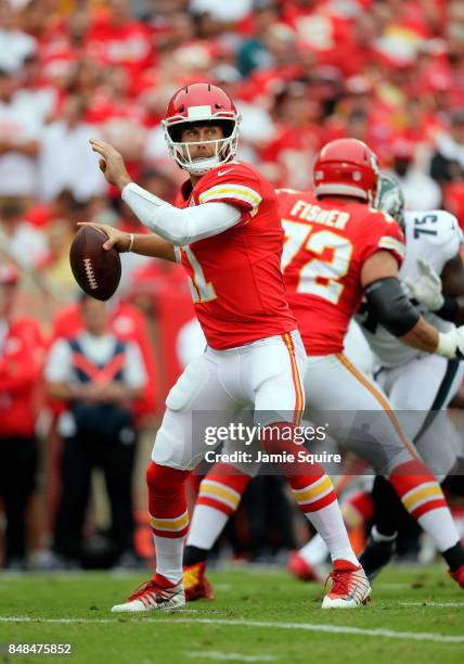 Quarterback Alex Smith of the Kansas City Chiefs looks to pass during the game at Arrowhead Stadium on September 17, 2017 in Kansas City, Missouri.