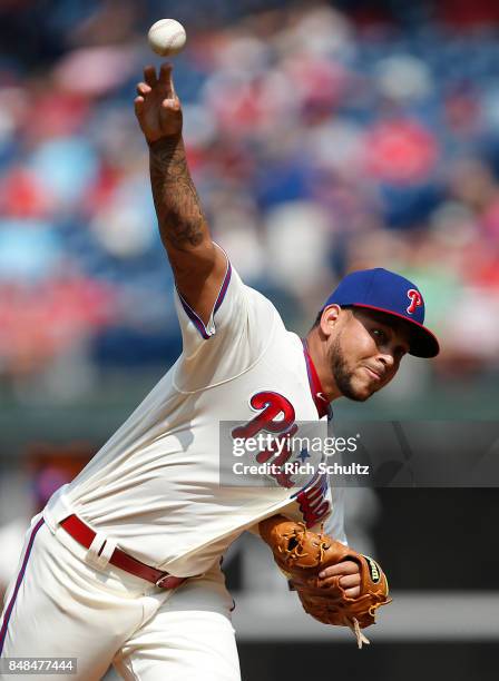 Henderson Alvarez of the Philadelphia Phillies delivers a pitch against the Oakland Athletics during the first inning of a game at Citizens Bank Park...