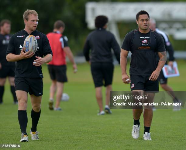 Edinburgh Rugby's Greig Tonks with Ben Atiga during a training session at Murrayfield Stadium, Edinburgh.