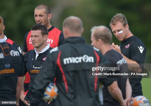 Edinburgh Rugby's Andy Titterrell and Greig Tonks during a training session at Murrayfield Stadium, Edinburgh.