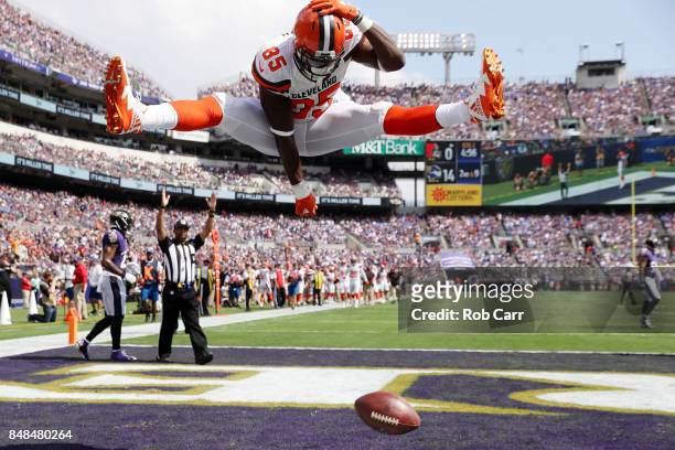Tight end David Njoku of the Cleveland Browns celebrates his touchdown against the Baltimore Ravens in the second quarter at M&T Bank Stadium on...
