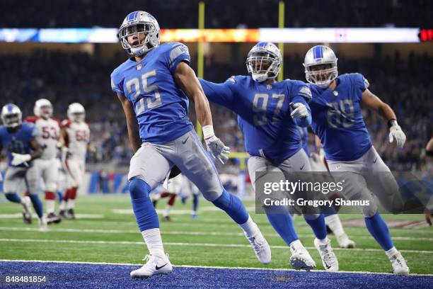 Miles Killebrew of the Detroit Lions celebrates a touchdown while playing the Arizona Cardinals at Ford Field on September 10, 2017 in Detroit,...