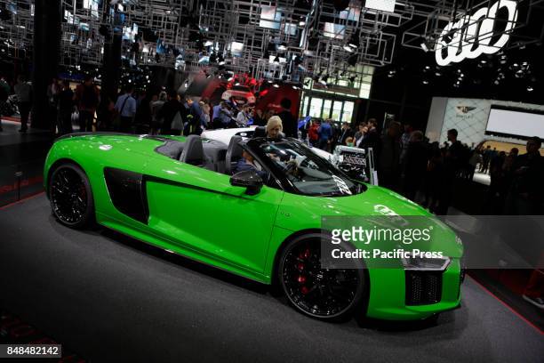The German car manufacturer Audi, part of the Volkswagen group, presents the Audi R8 V10 plus Spyder sports car at the 67. IAA. The 67....