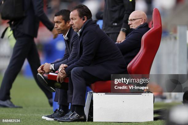 Coach Giovanni van Bronckhorst, assistant trainer Jean-Paul van Gastel of Feyenoord, assistant trainer Jan Wouters of Feyenoord during the Dutch...