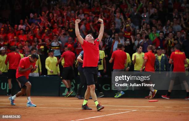 Captain, Johan Van Herck of Belgium celebrates his teams win over Australia during day three of the Davis Cup World Group semi final match between...