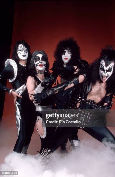 Photo of Gene SIMMONS and Paul STANLEY and Peter CRISS and KISS and Ace FREHLEY; L-R: Ace Frehley, Peter Criss, Paul Stanley, Gene Simmons - posed,...