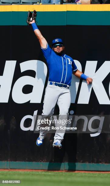 Melky Cabrera of the Kansas City Royals makes a leaping catch to get out Roberto Perez of the Cleveland Indians during the fifth inning at...