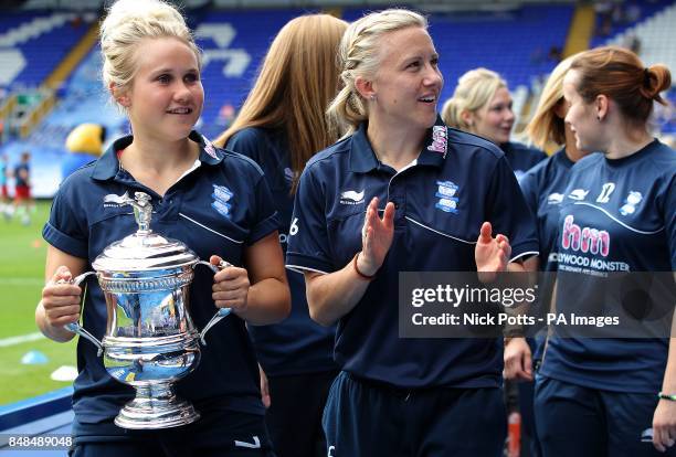 Birmingham City Ladies parade their Women's FA Cup trophy around St Andrews before the game.