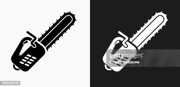 chainsaw icon on black and white vector backgrounds - chain saw stock illustrations