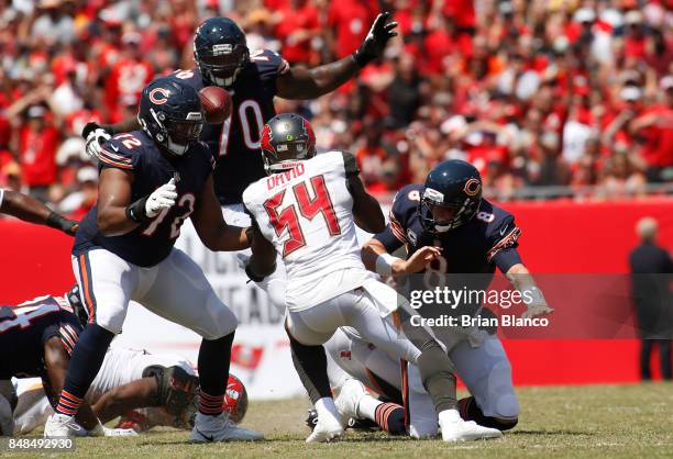 Outside linebacker Lavonte David of the Tampa Bay Buccaneers recovers a fumble by quarterback Mike Glennon of the Chicago Bears during the second...