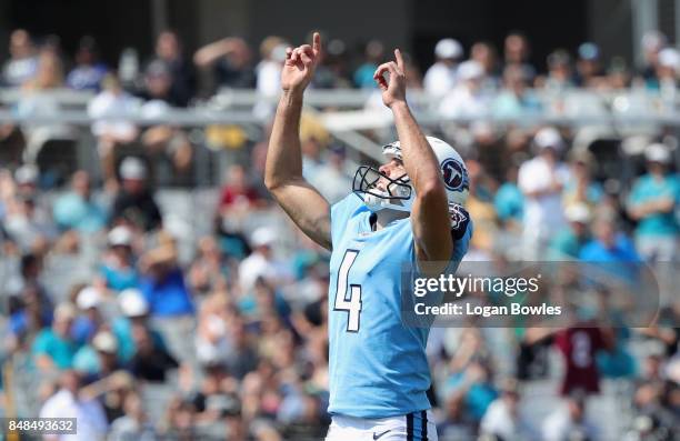 Kicker Ryan Succop of the Tennessee Titans celebrates his third field goal during their game against the Jacksonville Jaguars at EverBank Field on...