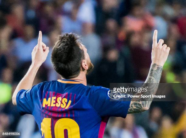 Lionel Andres Messi of FC Barcelona celebrates during the UEFA Champions League 2017-18 match between FC Barcelona and Juventus at Camp Nou on 12...