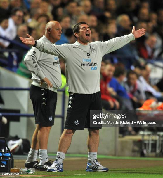 Derby County manager Nigel Clough during the npower Football League Championship match at the Reebok Stadium, Bolton.