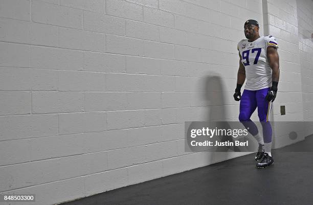 Everson Griffen of the Minnesota Vikings heads to the field before the start of the game against the Pittsburgh Steelers at Heinz Field on September...