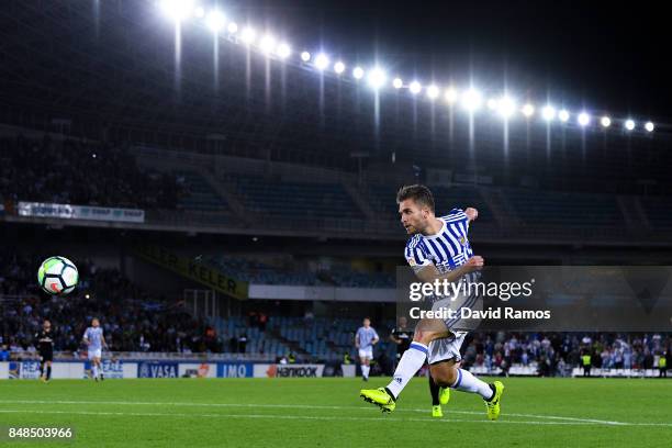 Kevin Rodrigues of Real Sociedad de Futbol shoots towards goal during the La Liga match between Real Sociedad and Real Madrid at Anoeta stadium on...