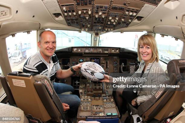 Glasgow Warriors' Gregor Townsend and Glasgow Airport's Amanda McMillan during the sponsorship announcement at Glasgow Airport.