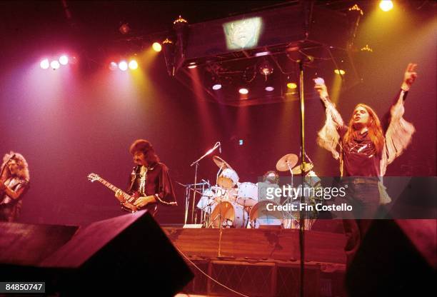 Photo of BLACK SABBATH, L-R: Geezer Butler, Tony Iommi, Bill Ward, Ozzy Osbourne performing live onstage