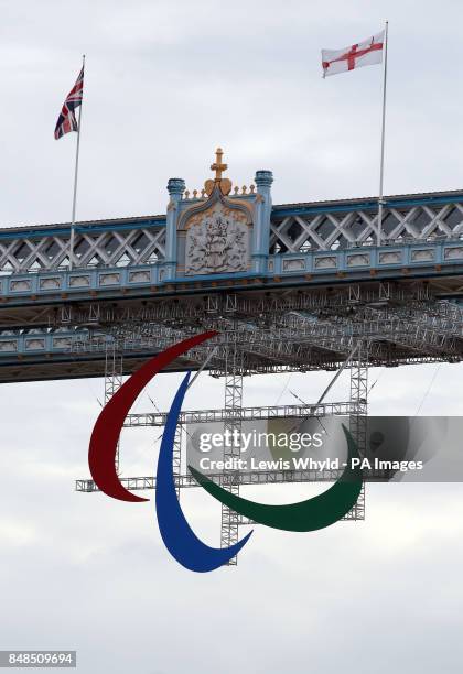 The Paralympic Agitos symbol on Tower Bridge in London ahead of the London 2012 Paralympic Games.