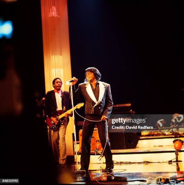 American soul singer and songwriter James Brown performs live on stage at the Midem music conference gala in Cannes, France in January 1987.