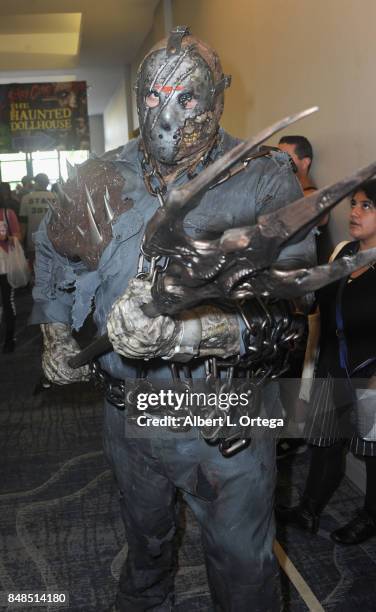 Cosplayer dressed as Jason Voorhees attends Day 2 of the 2017 Son Of Monsterpalooza Convention held at Marriott Burbank Airport Hotel on September...