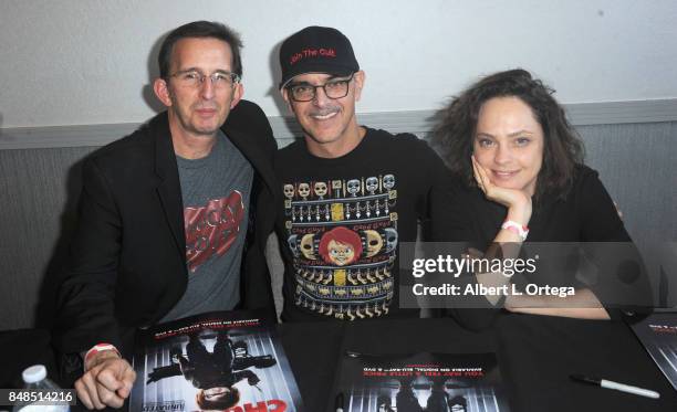 Artist Al Terian, writer/director Don Mancini and actress Fiona Dourif attend Day 2 of the 2017 Son Of Monsterpalooza Convention held at Marriott...