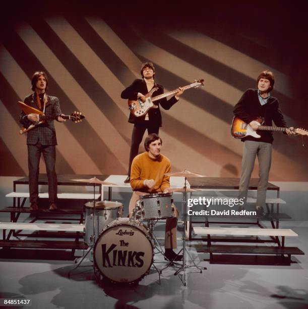 English rock group The Kinks, from left, Dave Davies , Pete Quaife , Mick Avory and Ray Davies, perform on a television show at BBC Television Centre...